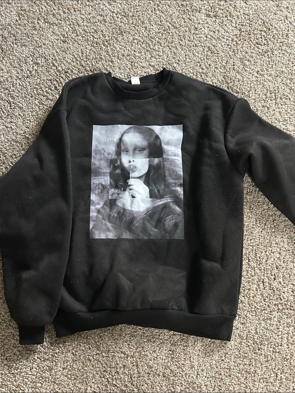 SHEIN Black Crewneck Sweater with Mona Lisa Graphic